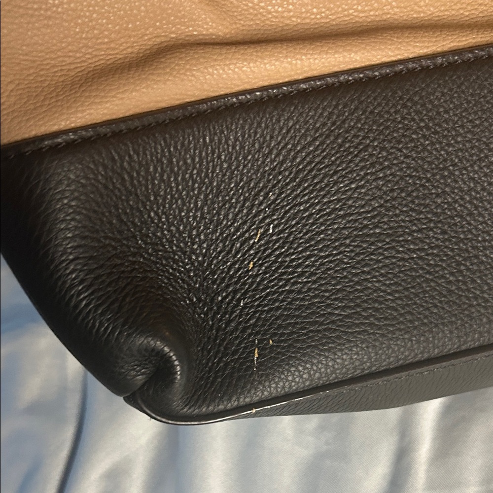 Kate Spade Two-Tone Leather Drawstring Bucket Tote | Tan Black Pebbled Bag - Picture 3 of 6